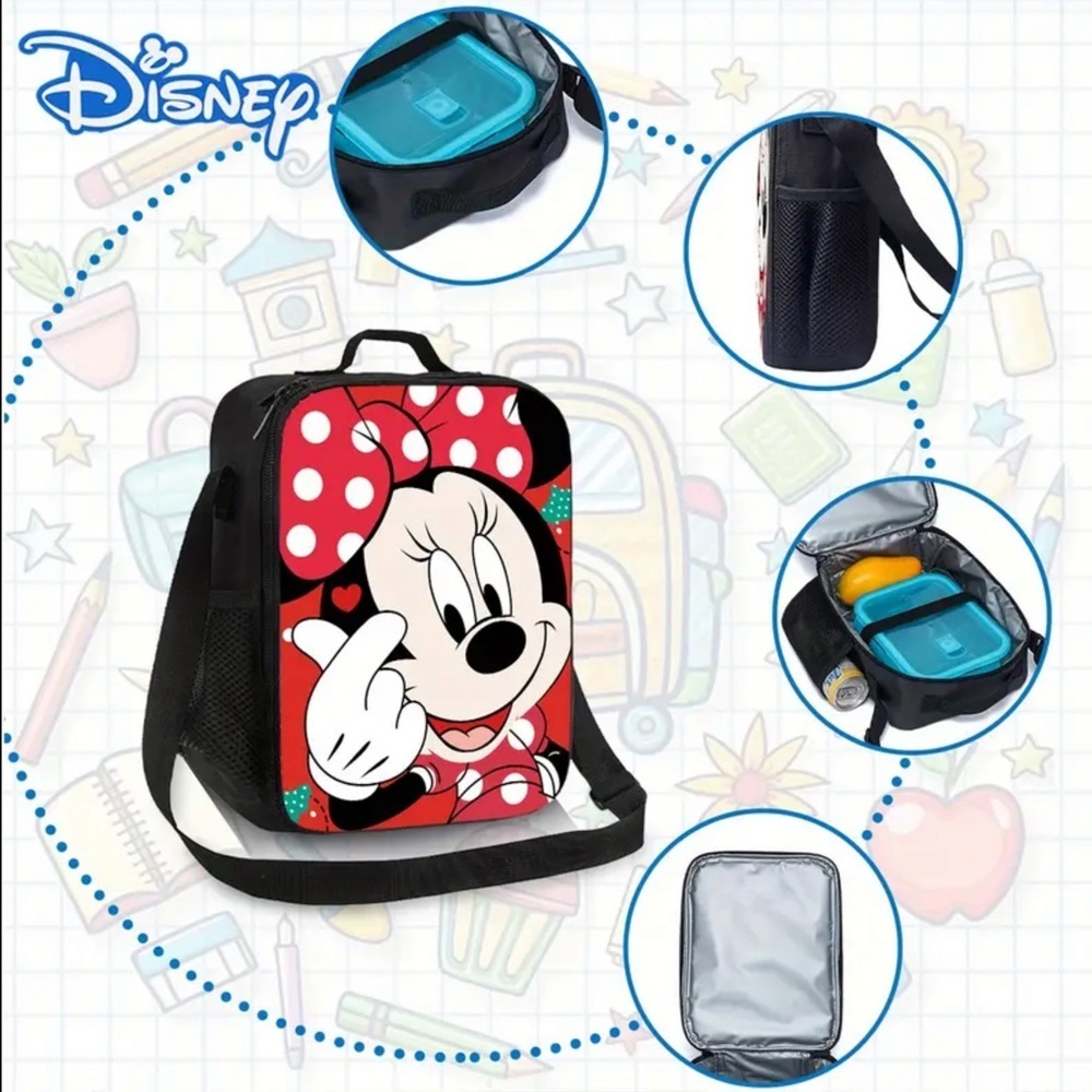 Disney’s Minnie Mouse Lunch Bag Insulated Polka Dot Red Black Meal Bag Tote NEW - Picture 2 of 16